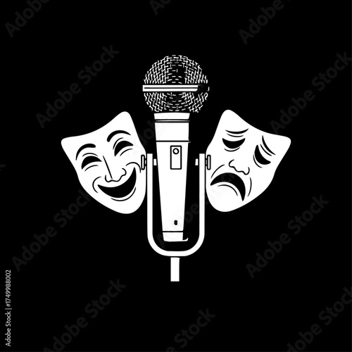 White Microphone with Comedy and Tragedy Masks on Black Background.