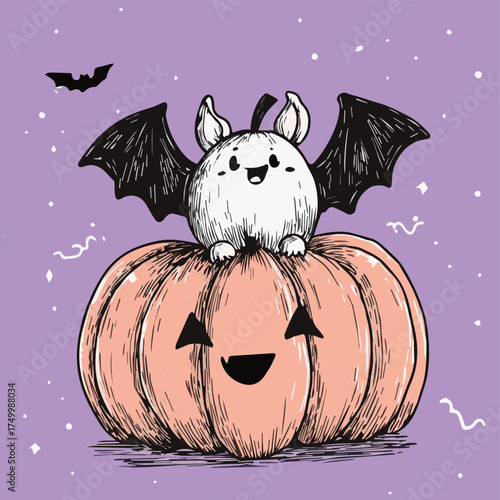  Vector illustration Halloween of ghosts, pumpkins, bats for flayer, poster, card