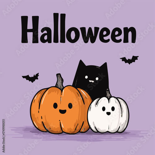  Vector illustration Halloween of ghosts, pumpkins, bats for flayer, poster, card