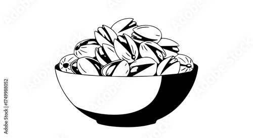 Black and White Illustration of a Bowl Overflowing with Pistachio Nuts.