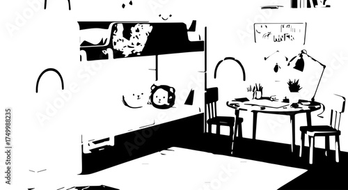 Black and White Illustration of a Childs Playroom Interior with Furniture.