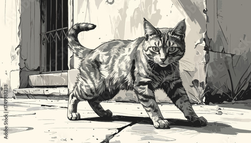 Tabby cat walking near a weathered wall