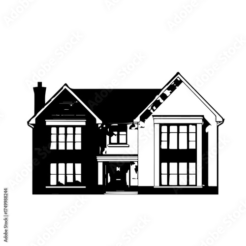 Black and White Illustration of a Classic Two-Story House with Windows and Chimney.