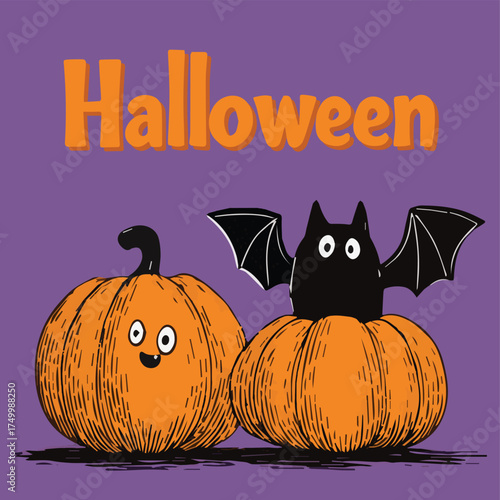  Vector illustration Halloween of ghosts, pumpkins, bats for flayer, poster, card