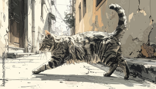 Tabby cat walking in a narrow alleyway