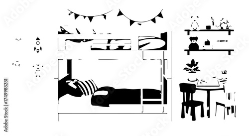 Black and White Illustration of a Cozy Childrens Bedroom with Bunk Beds and Decorations.