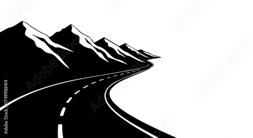 Winding Black Asphalt Road Leading Towards Snowy Mountain Peaks Silhouette.