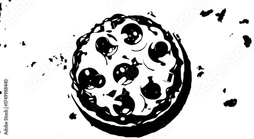 Black and White Illustration of a Delicious Pizza with Toppings.
