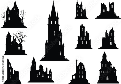 Cad drawing flat vector illustration of haunted houses silhouette, gothic spooky architecture, eerie Halloween horror theme, black white creepy night design
