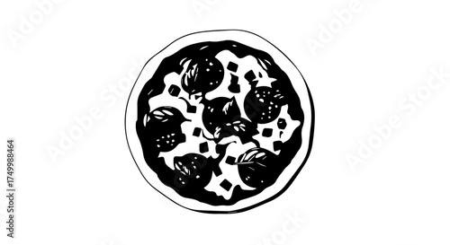 Black and White Illustration of a Delicious Pizza with Toppings.