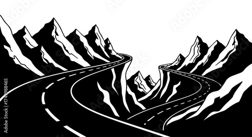 Winding Black Road Through Mountainous Landscape, Vector Illustration, Isolated Design.