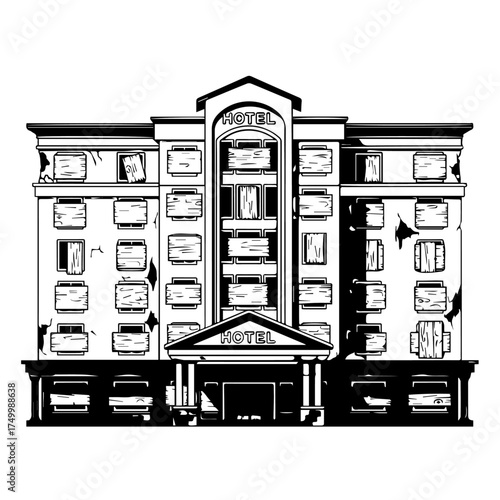 Black and White Illustration of a Dilapidated Hotel Building with Damaged Windows and Facade.