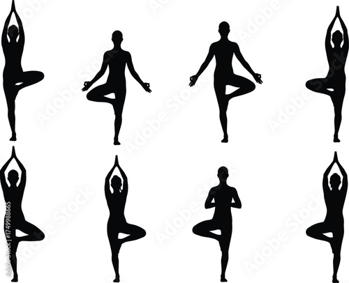 Tree pose silhouette, yoga posture, Vrksasana variation, balance exercise, meditation clipart, black figure, flexibility, calm, spiritual, peaceful, wellness, fitness, isolated
