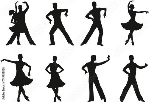 Ballroom dance silhouettes, Latin dancers, elegant movement, partner choreography, artistic performance, expressive poses, competition style, vector illustration, Christmas zombie concept