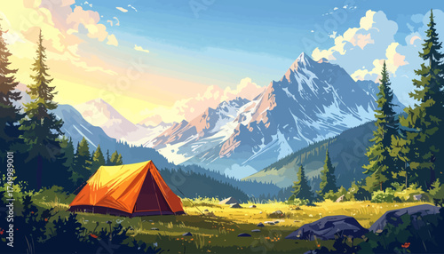 Mountain landscape with tent and forest