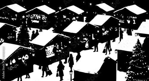 Black and White Illustration of a Festive Christmas Market Scene with People.