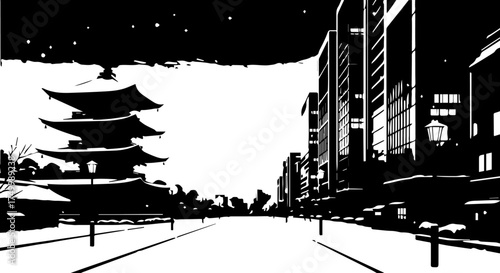 Black and White Illustration of a Japanese Pagoda and Cityscape at Night.