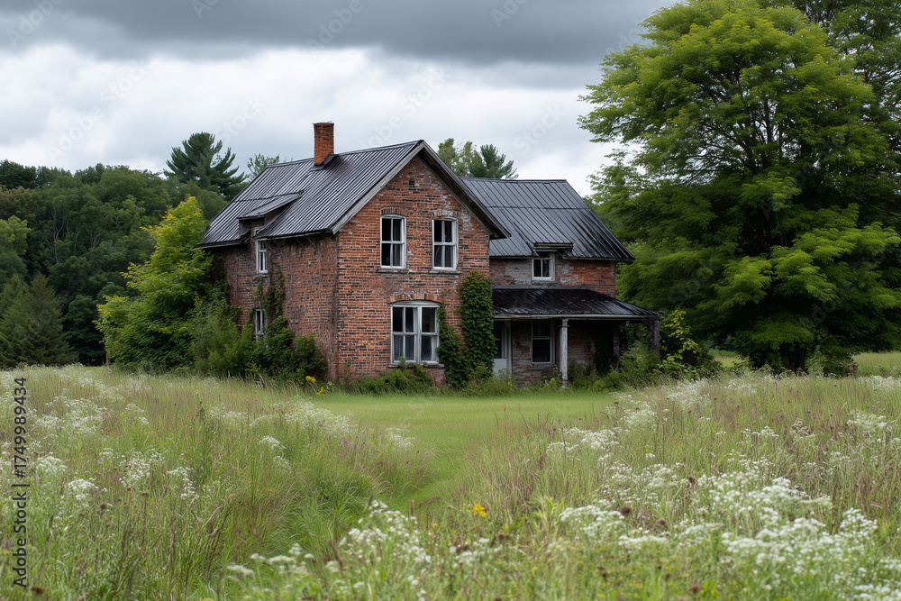 Obraz premium A large brick house sits in a field of tall grass
