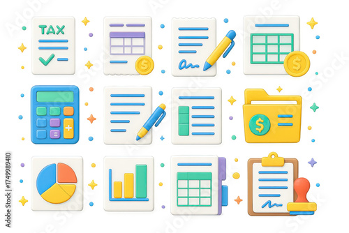 3D Financial Icons. Financial Documents. 3D icons set of financial documents: tax form, invoice, receipt, spreadsheet, calculator, pen and paper, contract,