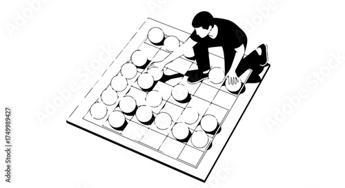 Black and White Illustration of a Person Playing Chinese Checkers.