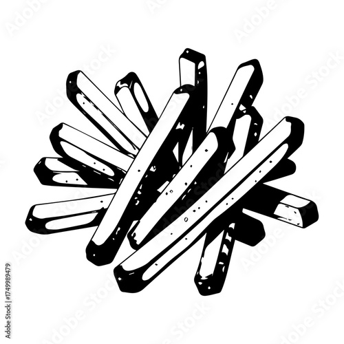Black and White Illustration of a Pile of French Fries with Shadows.