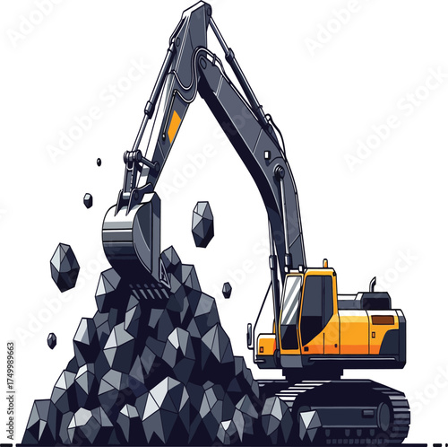 Vector, illustration of an excavator in a coal mining site, poster, printing, design, background, sticker