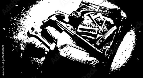 Close-up of industrial machinery gears and metal components in a monochrome composition.