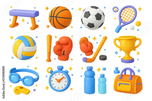 Colorful Sports Icons. Sports Equipment. 3D icons set of sports equipment: balance beam, basketball, soccer ball, tennis racket, volleyball, baseball bat,