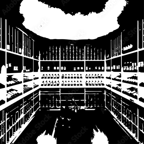 High-contrast interior of a symmetrical grocery store shelves display in monochrome.