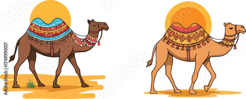 Decorated camels in desert, colorful saddles, Arabian theme, festive camel art, cartoon style, ornaments, travel, culture, illustration