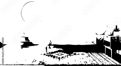 Black and white harbor scene with boats along a wooden pier and calm water.