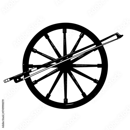 Silhouette of a wheel with a rifle across it, representing a vintage mechanical design and historical weapon imagery.
