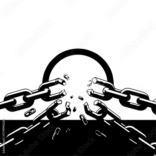 Graphic illustration of chains breaking from a ring and padlock, symbolizing freedom and emancipation.
