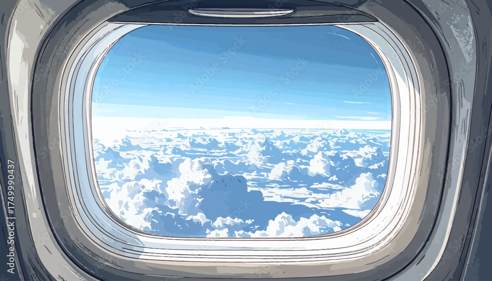 Fototapeta premium Airplane window view of clouds and blue sky