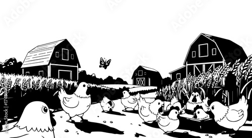 Illustrated village shore scene with people by huts and boats along the coast.