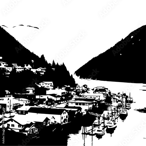 Monochrome village harbor nestled between towering mountains with boats and docks along calm water.