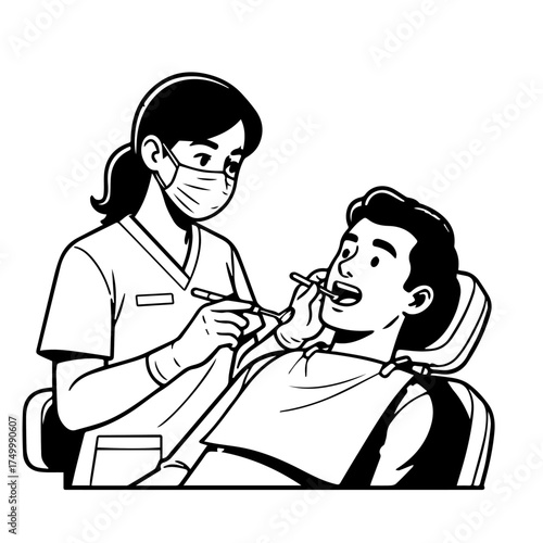 Dental Clinic Scene: Dentist Examining Patient's Mouth in Clinic Setting.