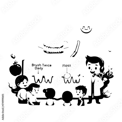 Children in a classroom learn dental hygiene with a teacher demonstrating brushing teeth and gum care in a collaborative scene.