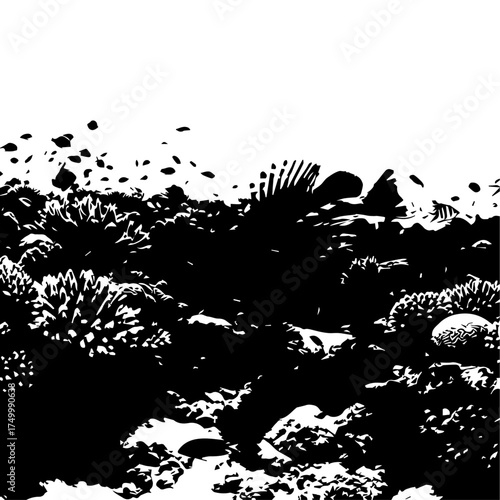 High-contrast silhouette of a vibrant coral reef underwater ecosystem.