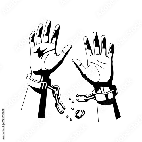 Black and White Illustration of Hands Breaking Free from Shackles Symbolizing Freedom.