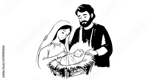 Black and White Illustration of Holy Family with Baby Jesus in Manger.