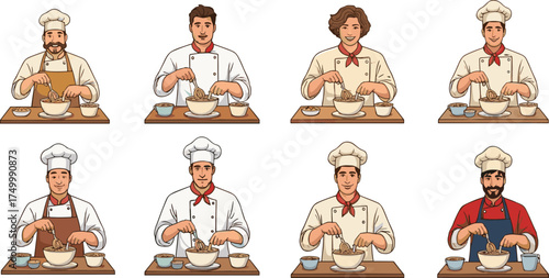 Cartoon chefs cooking together, diverse kitchen team, food preparation scene, baking ingredients, culinary art, teamwork, restaurant, illustration, apron
