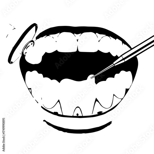 Black and White Illustration of Open Mouth with Dental Tools and Teeth.