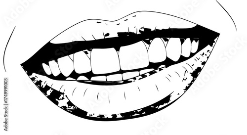 Black and White Illustration of Smiling Lips with Perfectly Aligned Teeth.