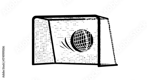 Black and White Illustration of Soccer Goal with Net and Ball in Motion.