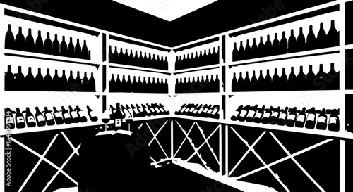 Black and White Illustration of Wine Bottles Displayed on Shelves in a Corner.