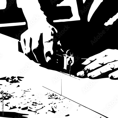 Black and White Image of a Carpenter Using a Hand Plane on Wood.