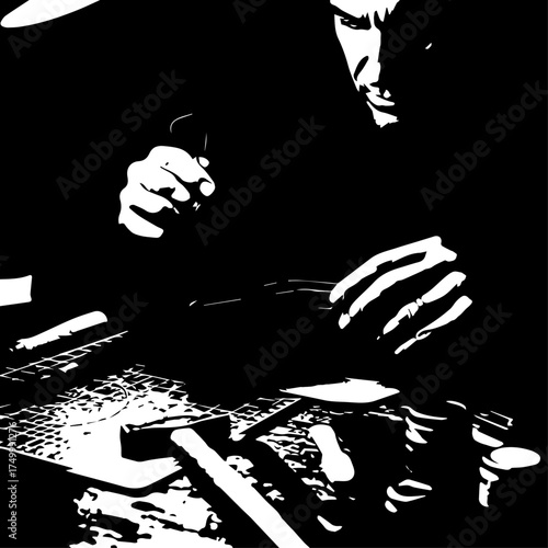 Black and White Image of a Person Working with Hands and Tools.