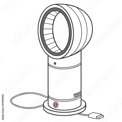 A clean line art illustration of a modern bladeless fan with a circular air multiplier and a cylindrical base featuring a power button and cord