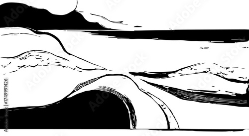 Black and White Ink Drawing of a Coastal Landscape with Hills and Sea.